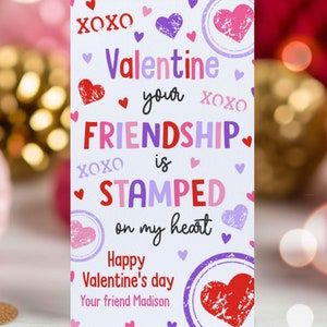 Editable Valentines Stamp Gift Tags Ink Stamper Valentine Friendship Stamped On My Heart Classroom Classmate Gift Tag Instant Download VL
