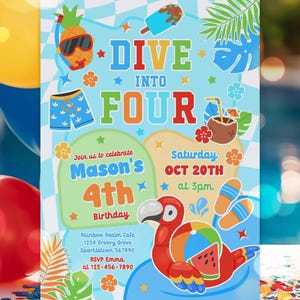 May include: A blue and yellow birthday invitation with a cartoon parrot holding a beach ball and watermelon. The invitation says "Dive into Four" and is for Mason's 4th birthday. The party is on Saturday, October 20th at 3pm.