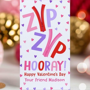 Editable Valentines Zipper Bracelet Gift Tag Zip Zip Hooray Valentines Day Tag Non Candy Classroom Valentine&#39;s Day Tag Instant Download VL