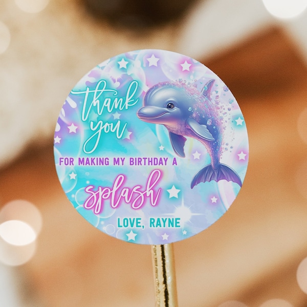 Editable Dolphin Birthday Party Favor Tag Tie Dye Neon Glow Rainbow Dolphin Under The Sea Party Sticker Tag Topper Decor Instant Download KD