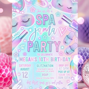Editable Spa-Jama Spa And Sleepover Birthday Party Spa Makeup Sleepover Slumber Birthday Party Neon Glow Glam Party Instant Download Y7T