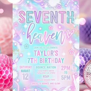May include: A pastel-themed birthday invitation with the words "SEVENTH heaven" in a playful font. The invitation provides details for Taylor's 7th birthday, including the date, time, and location. Decorative stars and sparkles are scattered across the design.