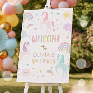 Editable Unicorn Birthday Welcome Sign Magical Pastel Rainbow Unicorn Birthday Party Whimsical Fairytale Unicorn Party Instant Download UY6 bild 1