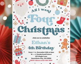 Puede incluir: Una invitación festiva con el texto "All I want Four Christmas" en azul y blanco. La invitación incluye ilustraciones navideñas como Papá Noel, un hombre de jengibre y un calcetín navideño. Anuncia el 4º cumpleaños de Ethan.