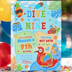 May include: A blue and yellow birthday invitation with a cartoon parrot holding a beach ball. The invitation says "Dive into Nine" and is for Mason's 9th birthday. The party is on Saturday, October 20th at 3pm.
