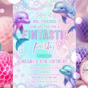 Editable Dolphin Birthday Party Invitation Tie Dye Neon Glow Dolphin Party Under The Sea Rainbow Dolphin Birthday Party Instant Download Y7T