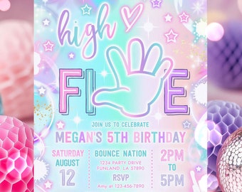Editable High Five Birthday Party Invitation Neon Glow High Five Hi Five 5th Birthday Party Girls 5th Birthday Party Instant Download Y7T