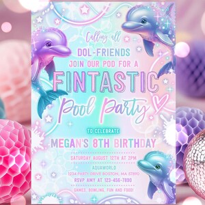Editable Dolphin Pool Party Invitation Tie Dye Neon Glow Dolphin Under The Sea Pool Birthday Party Rainbow Dolphin Instant Download Y7T