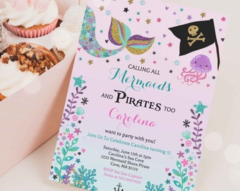 Mermaid And Pirate Invitation Mermaid & Pirate Birthday Invitation Mermaid And Pirate Party Boy Girl Party Instant Download Editable PDF 4I