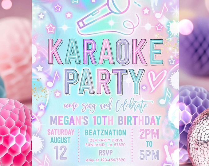 Editable Karaoke Birthday Party Invitation Tie Dye Karaoke Birthday Neon Glow Tie Dye Karaoke Party Music Singing Party Instant Download Y7T