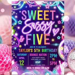 Editable Sweet Sassy And Five Birthday Party Invitation Neon Glow Sweet And Sassy 5th Birthday Party Instant Download TR1
