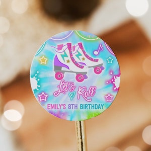 Editable Roller Skating Birthday Party Favor Tag Tie Dye Roller Skating Gift Label Sticket Tag Neon Glow Skating Party Instant Download G1