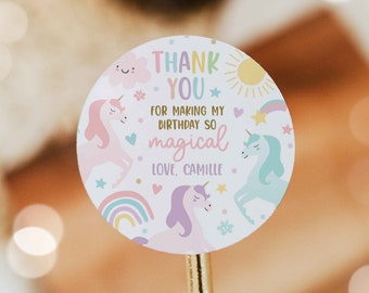 Editable Unicorn Birthday Circle Square Favors Magical Pastel Rainbow Unicorn Party Whimsical Fairytale Unicorn Party Instant Download UY6