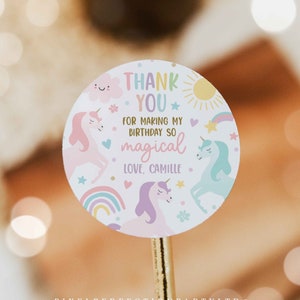 Editable Unicorn Birthday Circle Square Favors Magical Pastel Rainbow Unicorn Party Whimsical Fairytale Unicorn Party Instant Download UY6