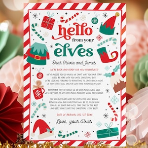 May include: A Christmas-themed letter with the text "Hello from your Elves" in red and green. The letter includes holiday illustrations like candy canes, elf hats, and a gingerbread man. The text is addressed to Olivia and James.