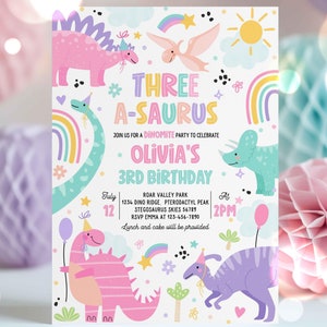 Editable Three-A-Saurus Dinosaur 3rd Birthday Party Invitation Pink T-Rex Dinosaur 3rd Birthday Party Dinosaur 3rd Birthday Download 1P4