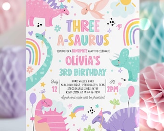 Editable Three-A-Saurus Dinosaur 3rd Birthday Party Invitation Pink T-Rex Dinosaur 3rd Birthday Party Dinosaur 3rd Birthday Download 1P4