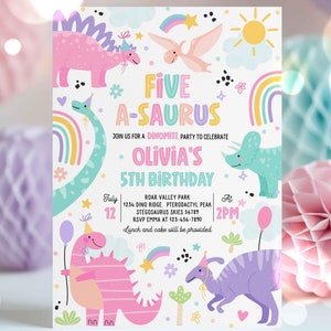 May include: A colorful dinosaur-themed birthday party invitation for a 5th birthday. The invitation features a rainbow, stars, and dinosaurs. The text on the invitation reads "Five A-saurus" and "Olivia's 5th Birthday".