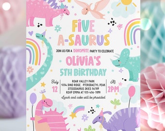 Editable Five-A-Saurus Dinosaur 5th Birthday Party Invitation Pink T-Rex Dinosaur 5th Birthday Party Cute Dinosaur 5th Birthday Download 1P4