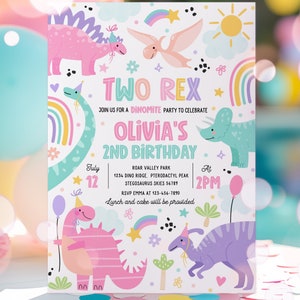 Editable Two Rex Dinosaur Birthday Party Invitation Pink T-Rex Dinosaur 2nd Birthday Party Cute Dinosaur 2nd Birthday Party Download 1P4