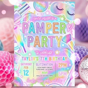 Editable Pamper Party Birthday Invitation Neon Glow Pamper Spa Party Invitation Glitz and Glam Makeup Neon Glow Party Instant Download Y7H