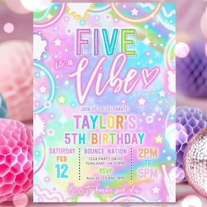 Editable Five Is A Vibe 5th Birthday Party Invitation Five Is A Vibe Neon Glow Birthday Party Girl Glow 5th Birthday Instant Download Y7H