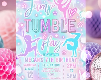 May include: A colourful invitation for a 7th birthday party with a gymnastics theme. The invitation features a holographic background with stars and the text "Jump Tumble & Play" in pink, blue, and green. The invitation also includes the text "Megan's 7th Birthday" and details about the party, including the date, time, and location. The invitation is decorated with silhouettes of girls doing gymnastics.