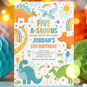 Editable Five-A-Saurus Dinosaur 5th Birthday Party Invitation Boy T-Rex Dinosaur 5th Birthday Party Cute Dinosaur 5th Birthday Download 1P3