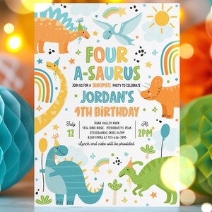 Editable Four-A-Saurus Dinosaur 1st Birthday Party Invitation Boy T-Rex Dinosaur 1st Birthday Party Cute Dinosaur 1st Birthday Download 1P3