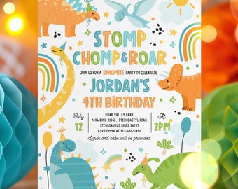Editable Stomp Chomp And Roar Dinosaur Birthday Party Invitation Boy T-Rex Dinosaur Birthday Party Cute Dinosaur Party Download 1P3