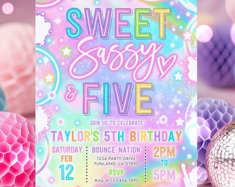 Editable Sweet Sassy And Five Birthday Party Invitation Neon Glow Sweet And Sassy 5th Birthday Party Instant Download Y7H