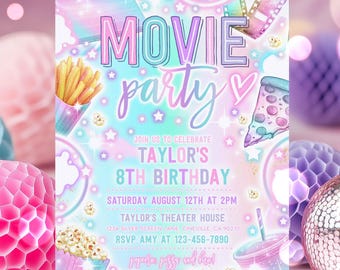 Editable Movie Night Birthday Invitation Pastel Rainbow Glow Movie Birthday Party Movie Night Popcorn Sleepover Party Instant Download Y7T