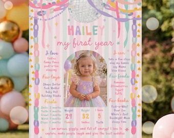 1st Birthday Milestone Poster Fun To Be One Whimsical Party For A Girl Garland Pastel Rainbow My First Year Board Digital Download U71