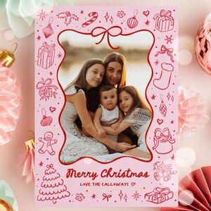 Editable Red Bow Christmas Photo Card Template Pink And Red Coquette Hand Drawn Christmas Doodles Holiday Photo Card Instant Download H8E