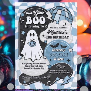 Editable Our Little Boo Is Turning Two Halloween Ghost 2nd Birthday Party Invitation Retro Groovy Ghost Halloween Party Instant Download TX3