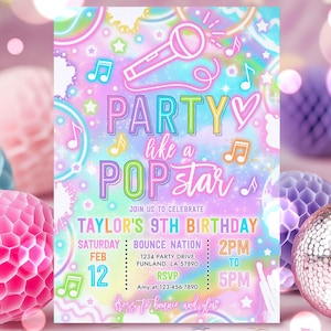 Editable Pop Star Birthday Party Invitation Neon Glow Party Like A Popstar Birthday Party Neon Glow Singing Music Party Instant Download Y7H