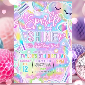 May include: A pink and purple birthday invitation with a sparkly background and the text "Sparkle and Shine it's birthday time!"  Join us to celebrate Taylor's 9th Birthday. Saturday, February 12th, 2 PM to 5 PM. GlitzNation, 1234 Party Drive, Funland, LA 57890. RSVP Amy at 123-456-7890. Facials, mani pedis and fun.