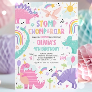 May include: A colorful dinosaur-themed birthday party invitation with a pink, green, and purple dinosaur illustration. The invitation reads "Stomp Chomp & Roar" and "Olivia's 4th Birthday".