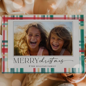 Editable Christmas Photo Card Template Modern Watercolor Plaid Holiday Photo Card Plaid Framed Holiday Photo Card Instant Download HH8