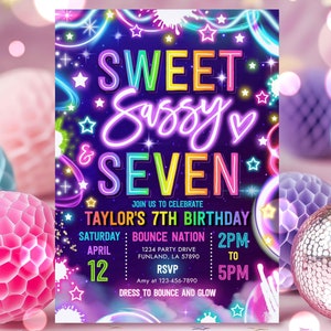 Editable Sweet Sassy And Seven Birthday Party Invitation Neon Glow Sweet And Sassy 7th Birthday Party Instant Download TR1