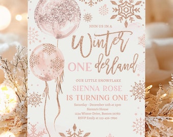 Editable WINTER ONEderland Invitation Pink & Rose Gold Watercolor Snowflake Balloons Whimsical Winter ONEderland Party Instant Download PBU