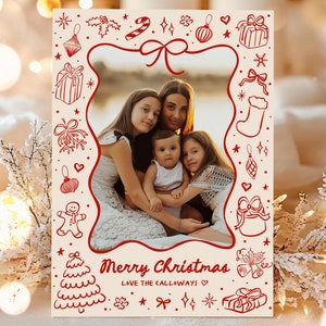 Editable Red Bow Christmas Photo Card Template Red Bow Coquette Hand Drawn Christmas Doodles Holiday Photo Card Instant Download H8E