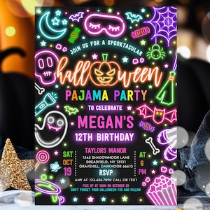 Editable Halloween Pajama Party Birthday Invitation Spooky Sleepover Party Neon Glow Halloween Spooktacular Sleepover Instant Download T6Y