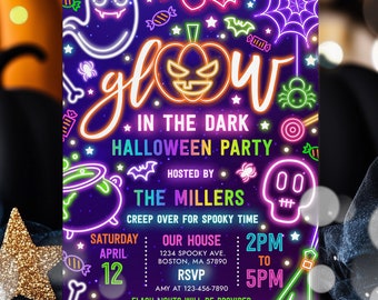 Editable Glow In The Dark Halloween Party Invitation  Neon Halloween Party Invitation Glow Halloween Spooktacular Party Instant Download T6Y