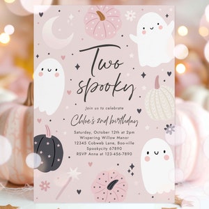 Editable Two Spooky Halloween Ghost 2nd Birthday Party Invitation Boho Groovy Ghost Halloween Birthday Party Invite Instant Download 45F