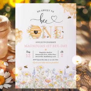Editable Bee Birthday Invitation So Sweet To Bee One Birthday Wildflower Daisy Meadow Honey Bee Bumble Bee 1st Birthday Instant Download BQ6