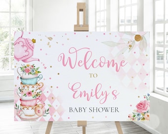 Editable Tea Party Baby Shower Welcome Sign Pink & Gold Whimsical Floral A Baby Is Brewing Baby Shower Decorations Instant Download TR