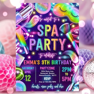 Editable Spa Makeup Birthday Invitation Neon Glow Spa Party Invitation Glitz and Glam Makeup Neon Glow Birthday Party Instant Download TR1
