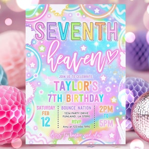 Editable 7th Heaven Pastel Neon Birthday Party Invitation Pastel Neon Glow Seventh Heaven 7th Birthday Party Instant Download Y7H