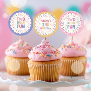 May include: Three cupcakes with pink frosting and colorful sprinkles, each topped with a round paper topper. Two toppers are purple and pink with the text TWO MUCH FUN, and the center topper is yellow with the text Hailey's 2ND BIRTHDAY.